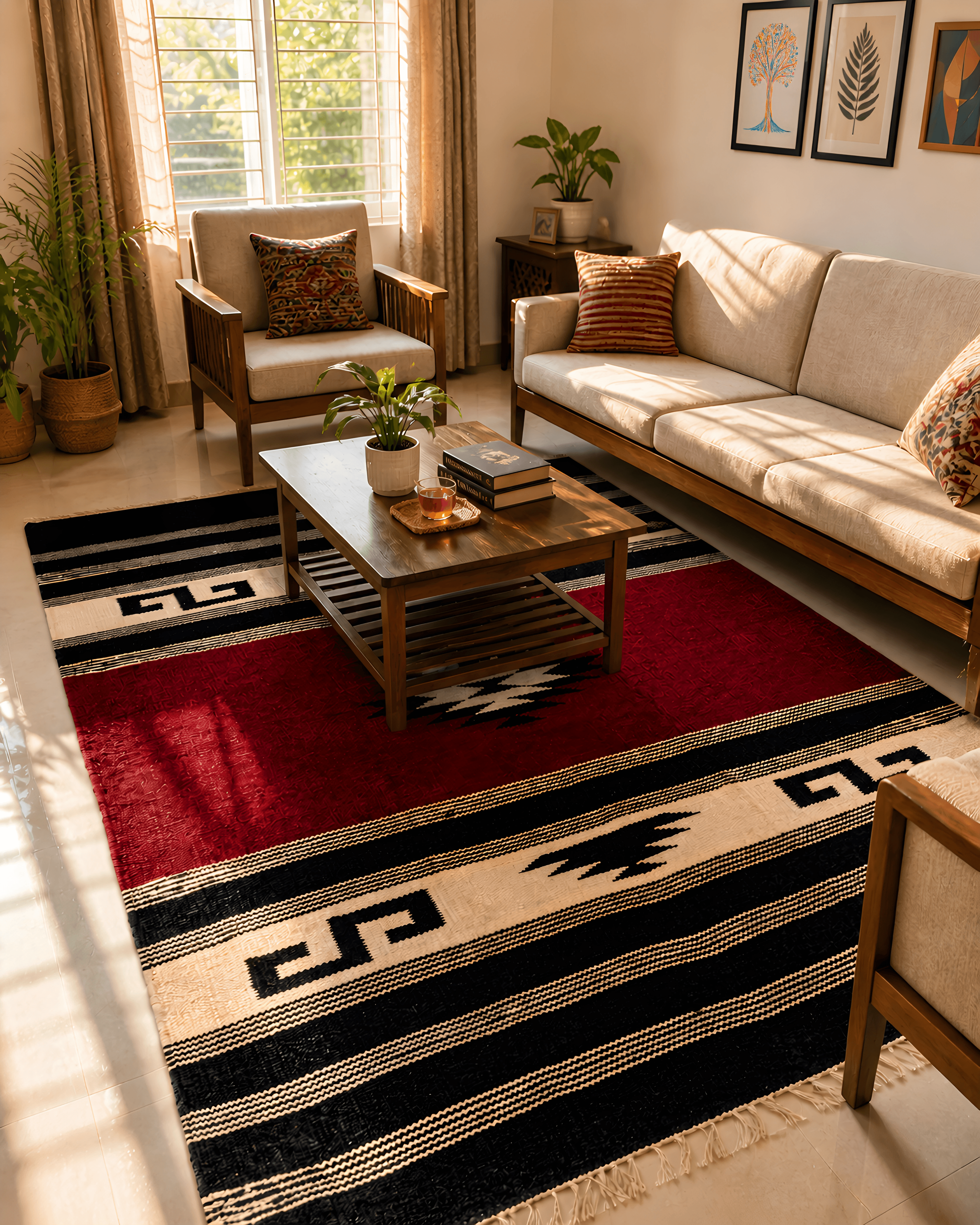 Traditional Shotoronji handwoven floor mat with geometric patterns in red, black and cream — made in Bangladesh view 2
