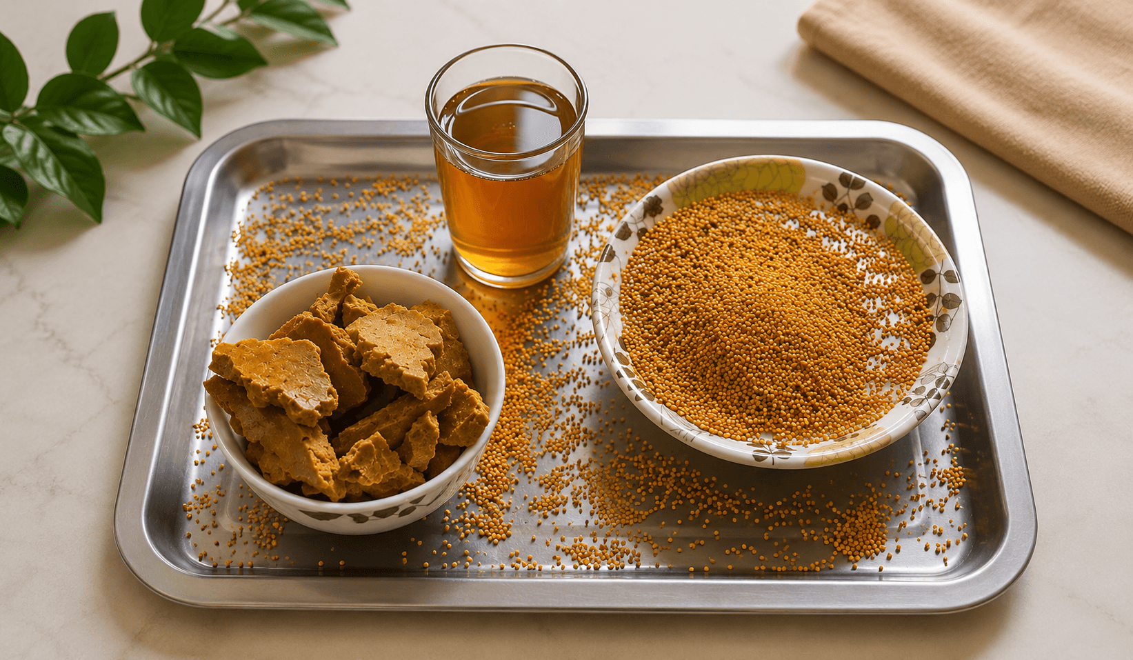 A tray showing the full mustard harvest cycle: oil cake, pure mustard oil, and mustard seeds