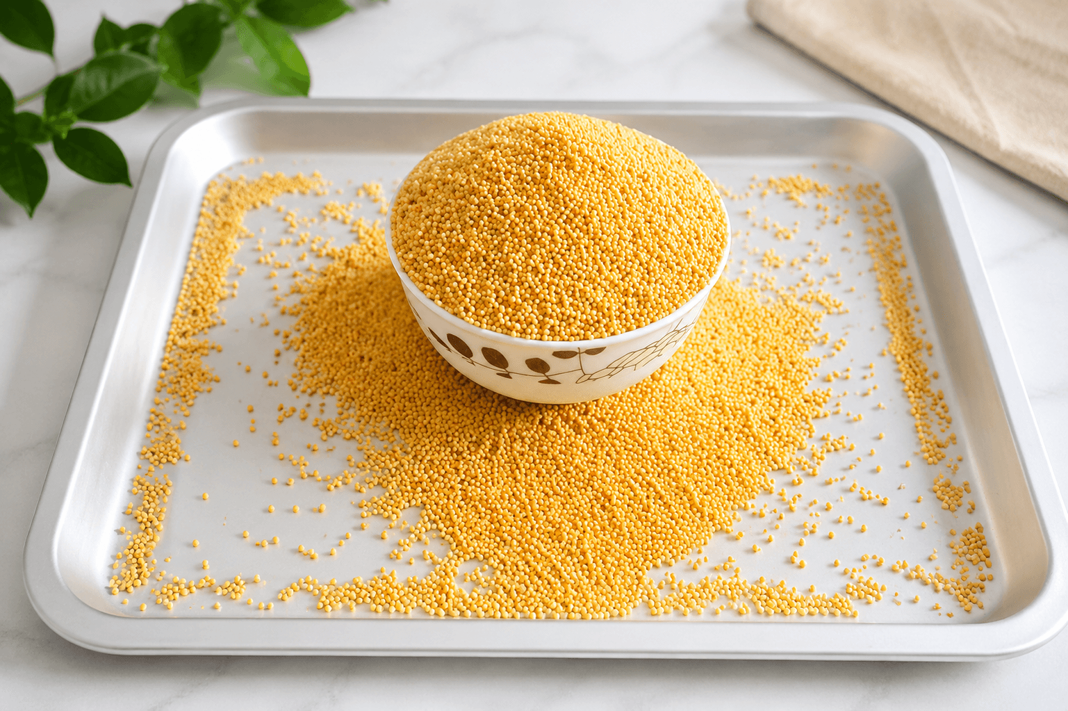 A bowl overflowing with bright yellow BARI Sarisha-14 mustard seeds on a tray