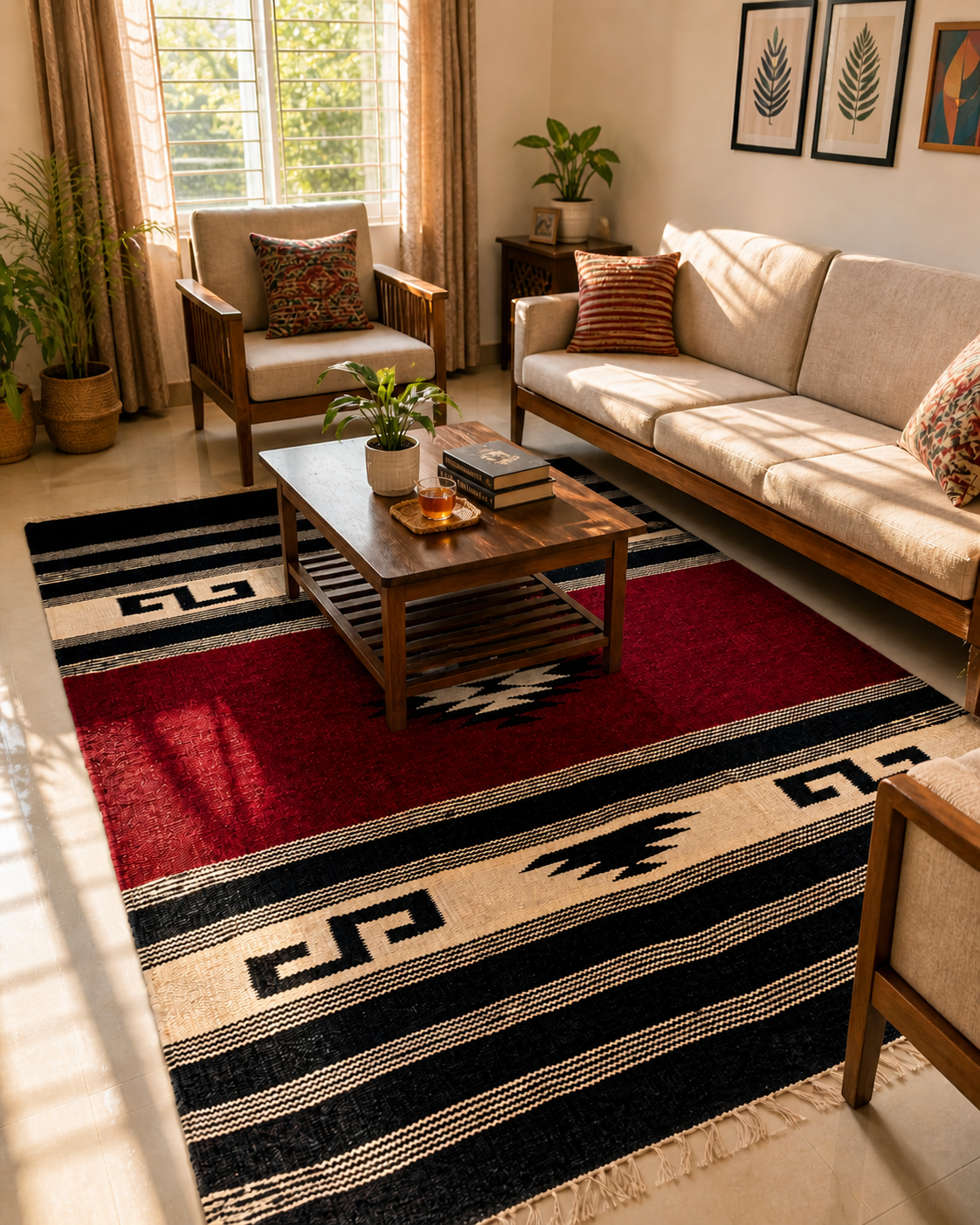 Traditional Shotoronji handwoven floor mat with geometric patterns in red, black and cream — made in Bangladesh